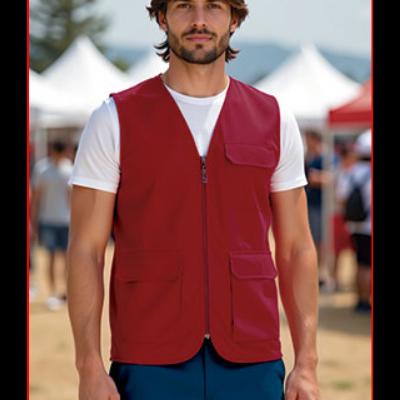 Homem com colete vermelho e t-shirt branca numa feira ao ar livre