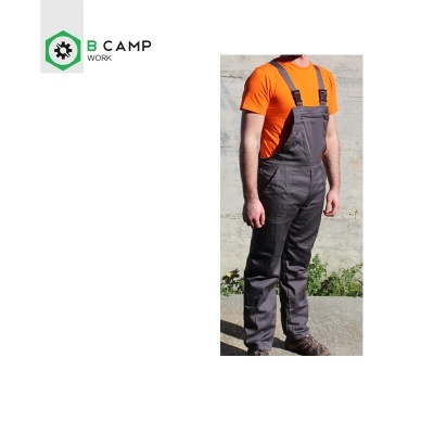 Macacão de trabalho cinzento com alças pretas, t-shirt laranja, homem, logo B CAMP WORK