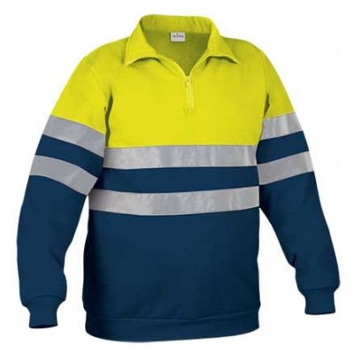 Camisola de trabalho amarela fluorescente e azul com faixas reflexivas