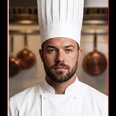 Homem com chapéu e casaco de chef branco em cozinha profissional