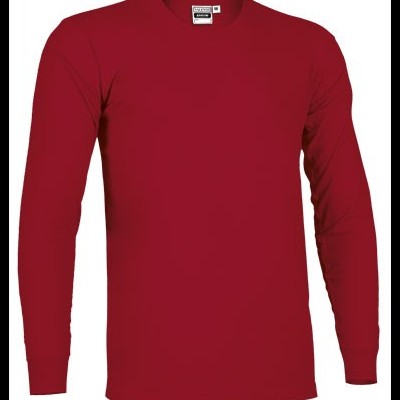 Camisola vermelha de manga comprida com gola redonda e etiqueta interior visível