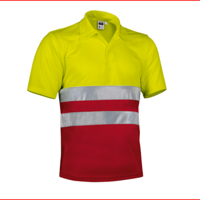Camisola polo amarelo fluorescente com faixa refletora cinza e vermelho
