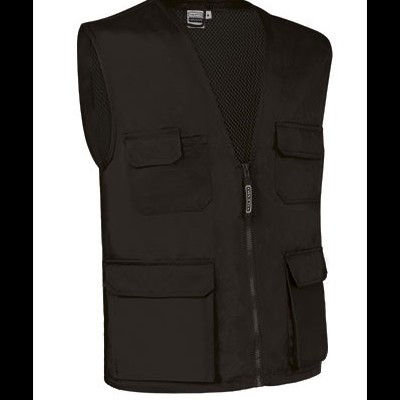 Colete multifunções preto com bolsos e fecho de correr