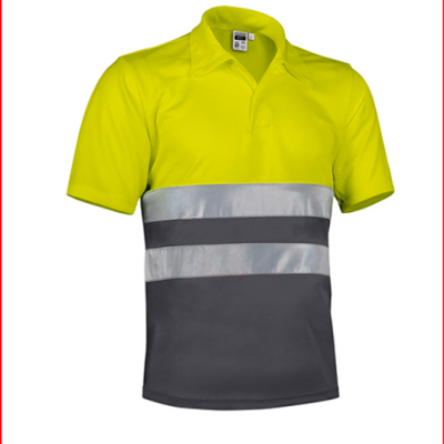 Polo amarelo fluorescente com faixas refletoras e parte inferior cinzenta escura