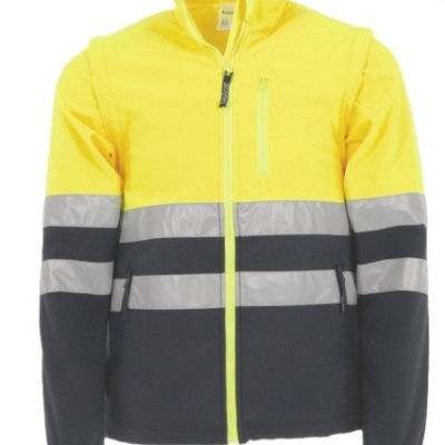 Casaco amarelo e preto com faixas refletoras cinzentas e fecho de correr amarelo