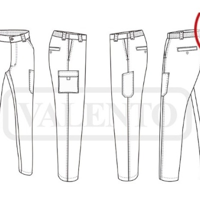 Calças de trabalho técnicas com vários bolsos e etiquetas visíveis mostradas em diferentes ângulos
