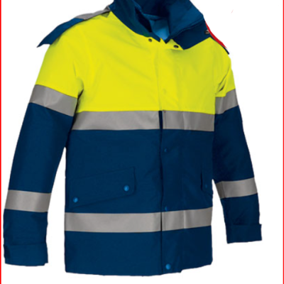 Casaco de alta visibilidade amarelo e azul com faixas refletoras cinzentas