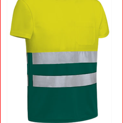 T-shirt de manga curta amarelo fluorescente com verde e faixas refletoras cinzentas