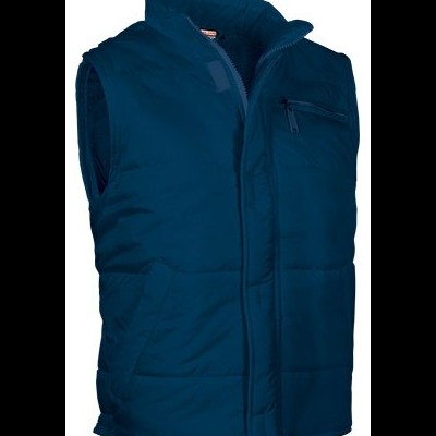 Colete azul escuro acolchoado com fecho de correr e bolso lateral