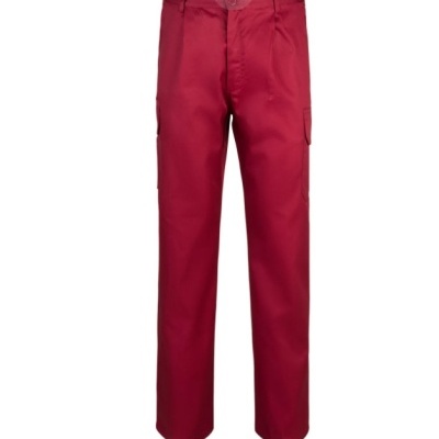 Calças compridas vermelhas com bolso lateral e detalhe em X no cós