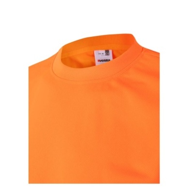 T-shirt técnica laranja florescente com gola redonda e etiqueta BIONIK
