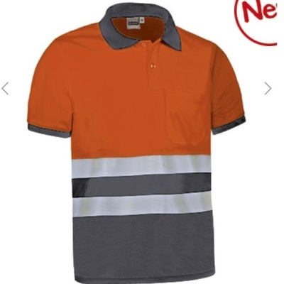 Polo de trabalho laranja, cinzento e branco com riscas refletoras