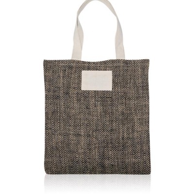 Saco tote tecido castanho padrão espinha de peixe com alças brancas