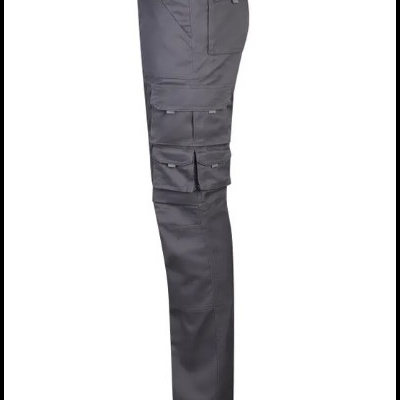 Calças de trabalho cinza escuro com vários bolsos e fechos