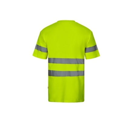 T-shirt amarelo fluorescente alta visibilidade com faixas refletoras cinzentas.