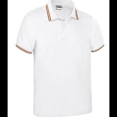 Polo branco com gola e mangas com riscas vermelhas e douradas