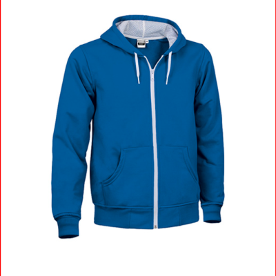 Camisola de malha azul com capuz e fecho branco