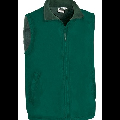 Colete verde escuro de tecido polar com fecho de correr e dois bolsos laterais