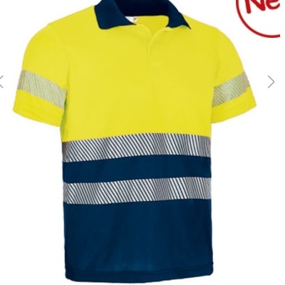 Polo de alta visibilidade amarelo e azul escuro com faixas refletoras