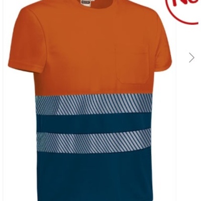 T-shirt manga curta laranja e azul com faixas reflexivas