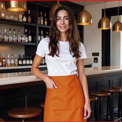 Mulher com t-shirt branca e avental laranja a sorrir num bar moderno com garrafas ao fundo