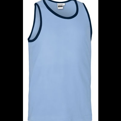 Camisola de alças azul claro com acabamento azul escuro e etiqueta interior