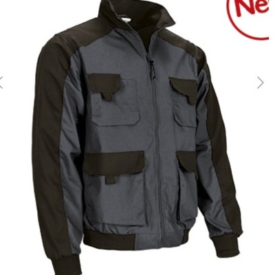 Casaco de trabalho cinzento e preto com bolsos e fecho de correr