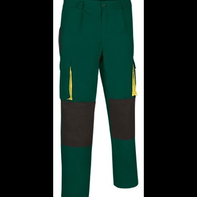 Calças de trabalho verdes com reforços pretos e detalhes amarelos