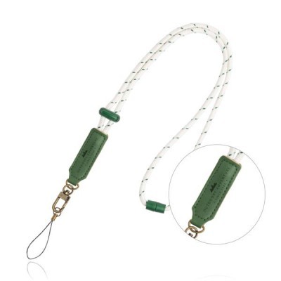 Cordão para telemóvel branco com linhas verdes e suportes verdes em couro