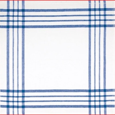 Guardanapo ou pano de mesa branco com riscas azuis xadrez.