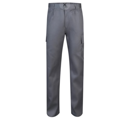 Calças de trabalho cinzentas com bolsos laterais e botão na cintura