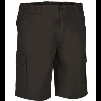 Calções masculinos pretos com bolsos cargo e cós elástico.