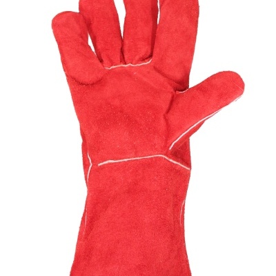 Luva de proteção vermelha em camurça com costuras brancas