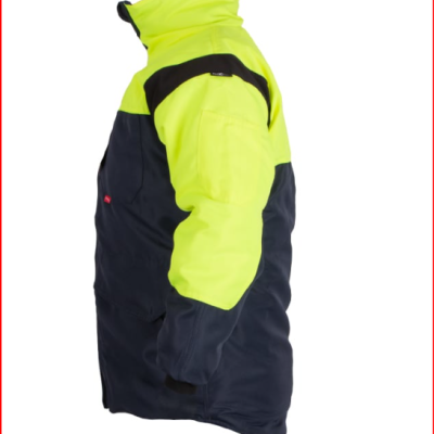 Casaco de trabalho bicolor amarelo fluorescente e azul escuro visto de lado