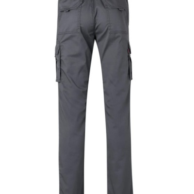 Calças de trabalho cinzentas com bolsos múltiplos em fundo branco