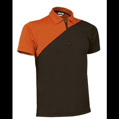 Polo masculino castanho escuro e laranja com fecho de correr e gola