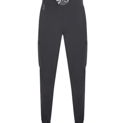 Calças desportivas pretas com cordão na cintura e bolsos laterais