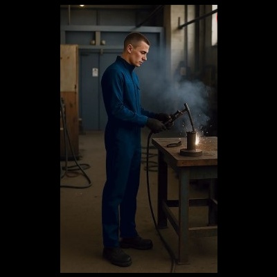 Homem a soldar numa oficina com macacão azul e luvas pretas