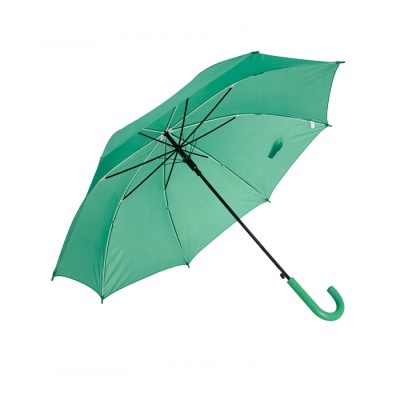 Guarda-chuva verde com cabo curvo e estrutura preta