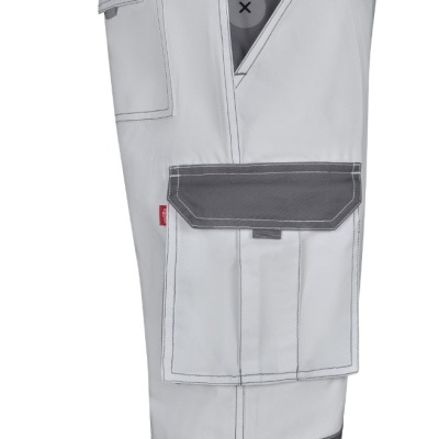 Calça de trabalho branca com bolso cinzento e logótipo vermelho