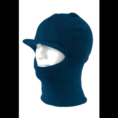 Capuz de malha azul escuro com viseira rígida cobrindo cabeça e pescoço