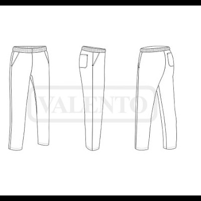 Desenho técnico de calças desportivas brancas com bolsos e cintura elástica.