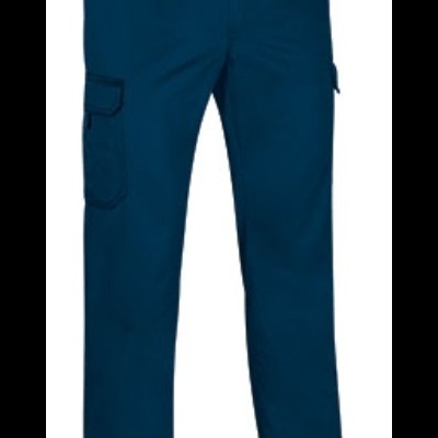 Calças de trabalho azuis com bolso lateral e fecho de botão
