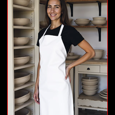 Mulher com avental branco em loja de cerâmica com tigelas e pratos de barro bege