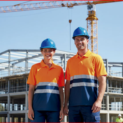 Trabalhadores da construção civil com equipamentos de segurança no estaleiro