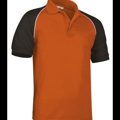 Polo manga curta laranja e preta com detalhes brancos