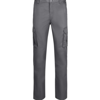 Calças cargo cinzentas com bolsos laterais e fecho de botão