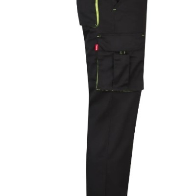 Calças de trabalho pretas com bolsos e detalhes verdes