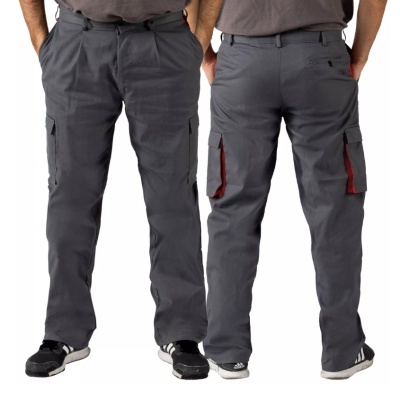 Calças de trabalho cinza escuro com bolsos laterais vermelhos, vista frontal e traseira