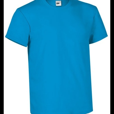 T-shirt azul turquesa de manga curta com gola redonda e etiqueta interior GILDAN